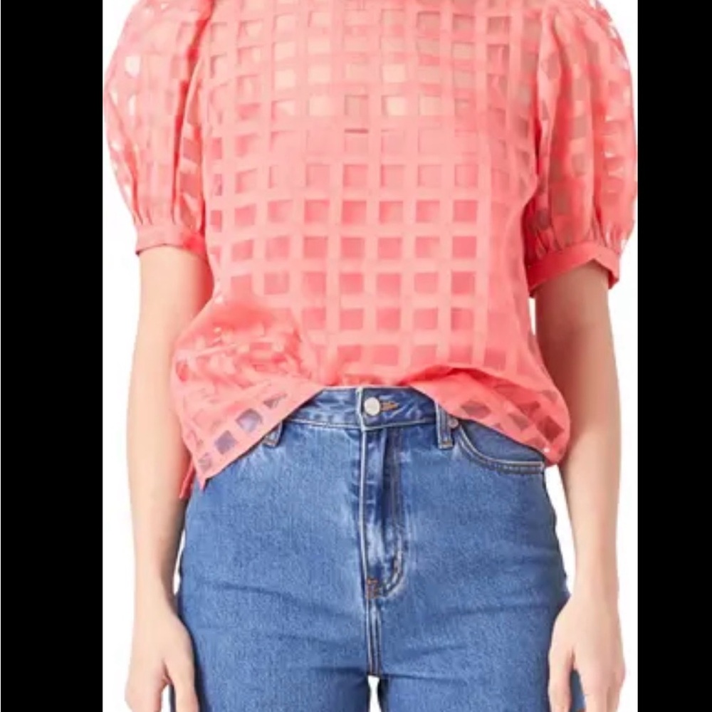 English Factory Coral Grid Puff-Sleeve Blouse